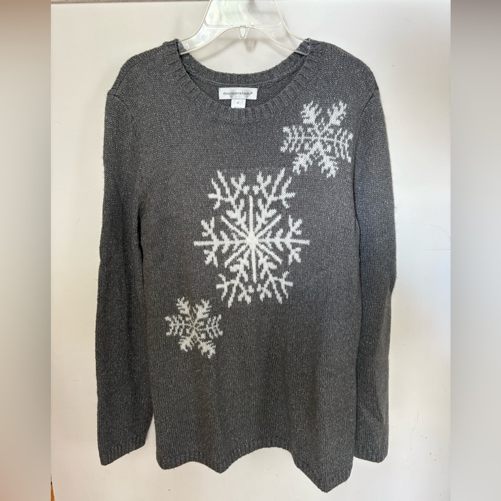 Christopher & Banks Charcoal Sweater with Ivory Snowflakes